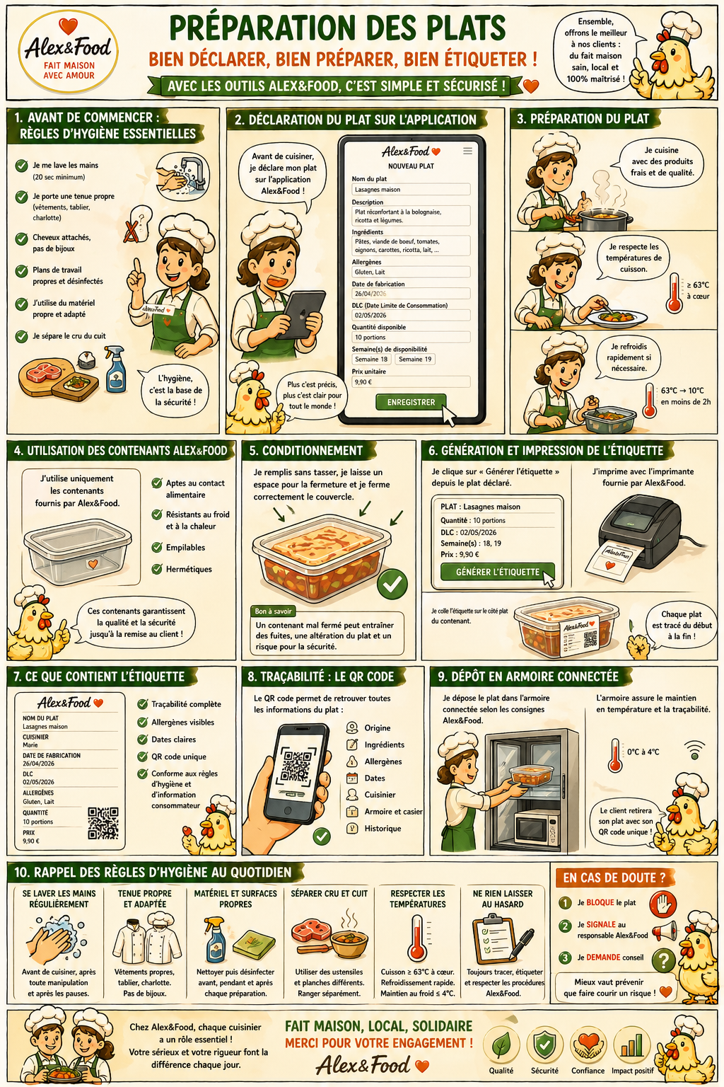 Bande dessinée des étapes de préparation des plats Alex&Food