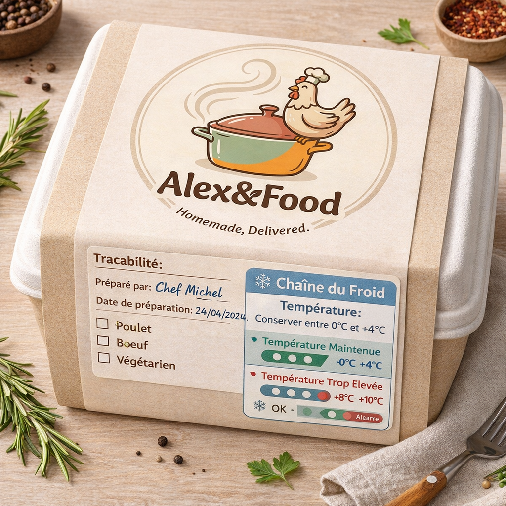 Boîte de conditionnement Alex&Food avec étiquette de traçabilité