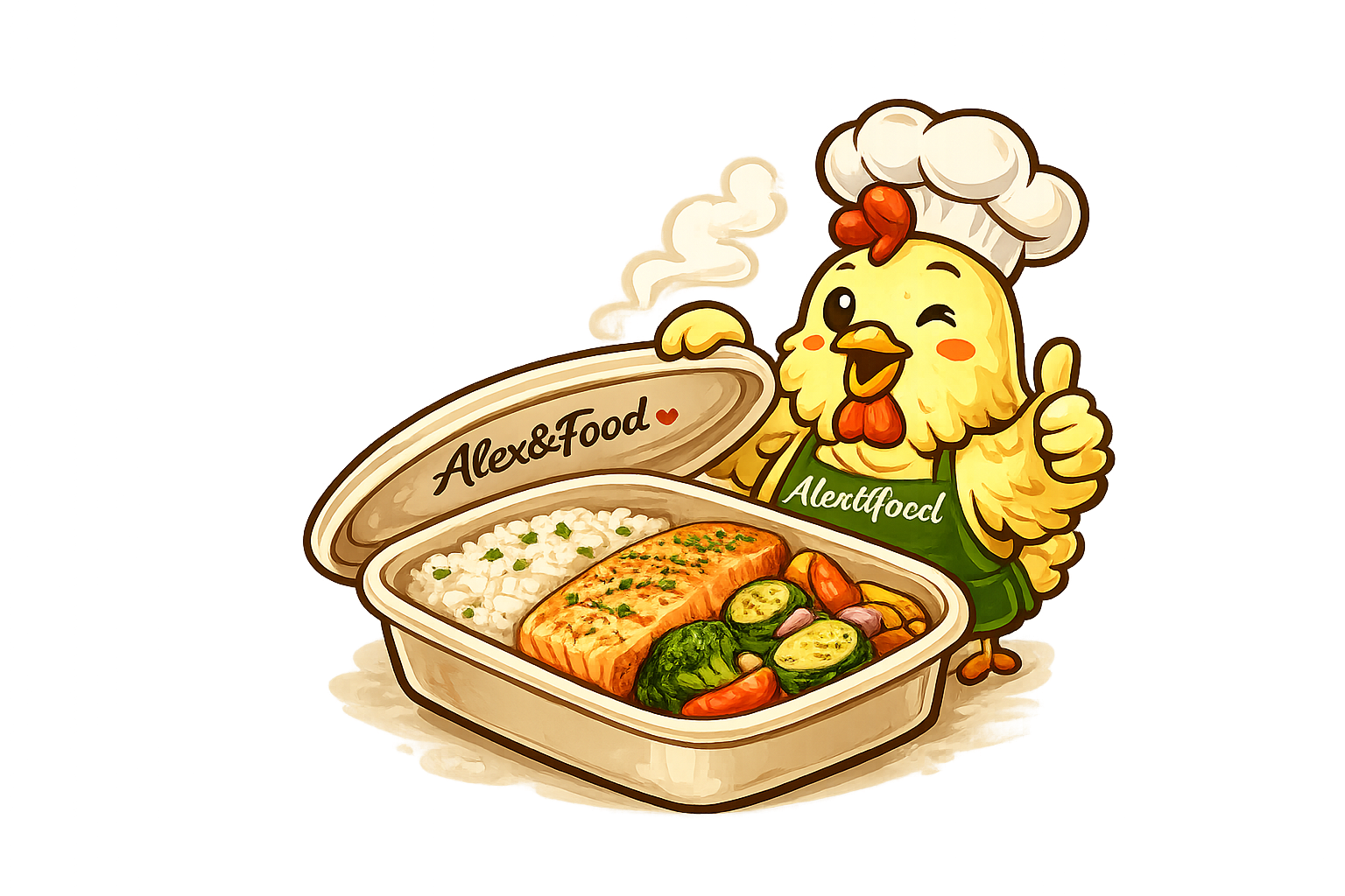 Mascotte Alex&Food avec plat fait maison