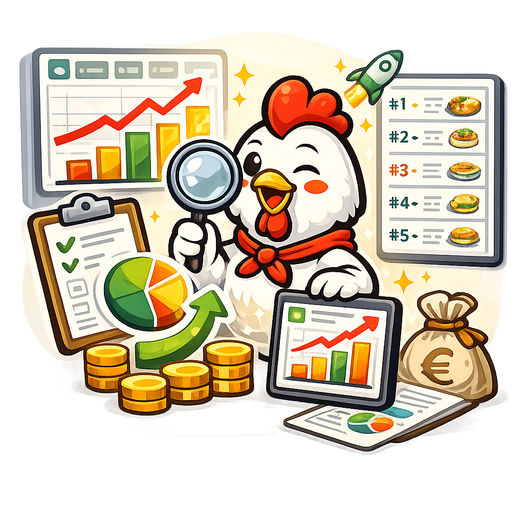 Mascotte Alex&Food avec statistiques et pilotage business